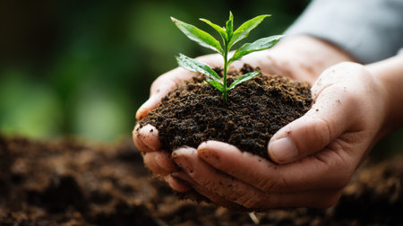 A close-up image of a young green seedling held gently in hands over rich soil, representing growth, nurturing, and commitment to sustainable practices in nature.の素材