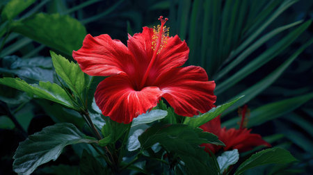 A stunning red hibiscus flower stands out against a backdrop of lush green foliage, embodying the essence of tropical beauty and vibrant nature.の素材
