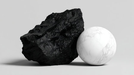A striking minimalist composition featuring a rough black rock and a smooth white marble sphere, symbolizing contrast and balance in design.の素材