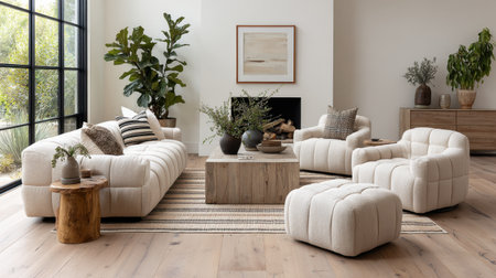 A cozy modern living room showcasing stylish furniture and soft textures, illuminated by natural light. Featuring a warm color palette, decorative plants, and elegant decor elements, this inviting space is perfect for relaxation and family gatherings.の素材