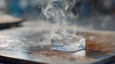 A striking image of a melting ice cube releasing steam on a metal surface, capturing the dynamic interplay of temperature and texture in a culinary environment.の素材
