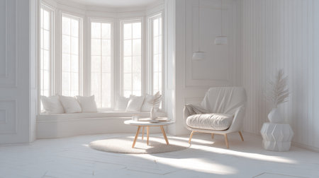 This serene minimalist interior features a cozy chair and natural light streaming through large windows, creating a bright and inviting atmosphere.の素材
