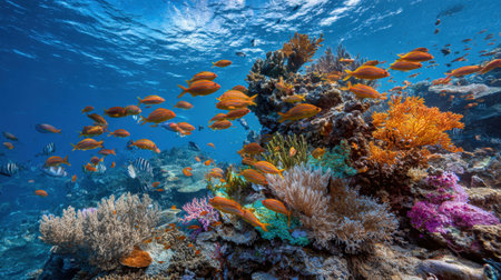 An enchanting underwater scene showcases a vibrant coral reef teeming with life, featuring a variety of colorful fish and lush marine flora in a tranquil ocean environment.の素材