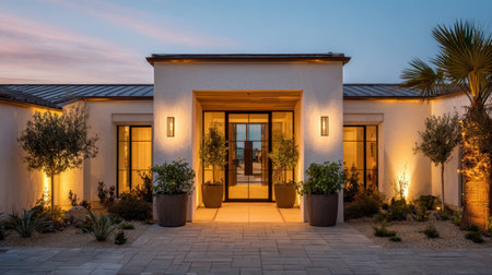 This image captures a striking modern house entrance at dusk, highlighted by warm lighting and elegant potted plants, creating a serene and inviting atmosphere.の素材