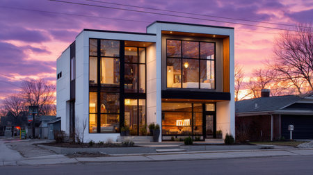 A stunning modern house featuring expansive glass windows and minimalist design glows against a beautiful sunset, showcasing contemporary architecture in a serene environment.の素材