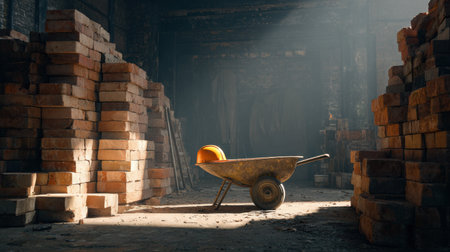 This image captures a wheelbarrow with an orange hard hat resting on it, illuminated by sunlight in a dusty construction warehouse filled with bricks.の素材
