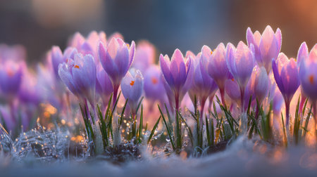 A stunning close-up of purple crocus flowers emerging from a frosty ground, illuminated by the soft morning light, showcasing nature's beauty in spring.の素材