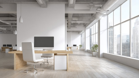 This image showcases a bright modern office interior with a minimalist design. Large windows allow natural light, enhancing the workspace ambiance.の素材