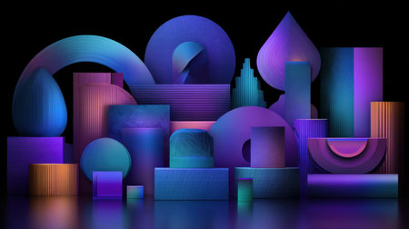 A captivating display of abstract geometric shapes in vibrant neon colors, creating a dynamic visual composition on a sleek black background.の素材