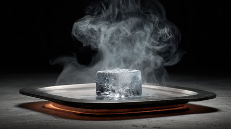 A striking image of a cube of ice resting on a metallic plate, with ethereal smoke rising in a dark setting, showcasing a captivating play of textures and contrasts.の素材