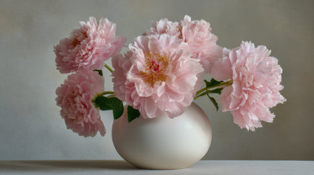 A stunning arrangement of delicate pink peonies in a sleek white vase sits gracefully against a soft neutral background, embodying elegance and simplicity.の素材