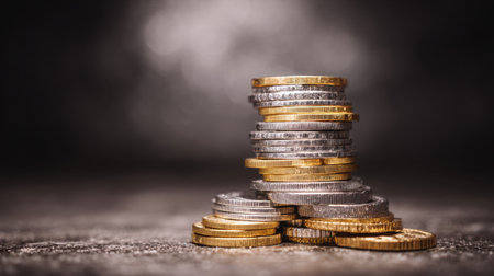 A visually striking arrangement of stacked coins featuring gold and silver hues, set against a softly focused background. This image embodies financial themes and captures the essence of wealth and investment opportunities. Perfect for business and economic contexts.の素材