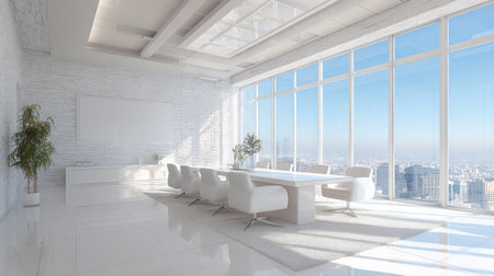 This image showcases a bright and modern conference room designed for professional meetings, featuring sleek furniture and panoramic city views that inspire creativity.の素材