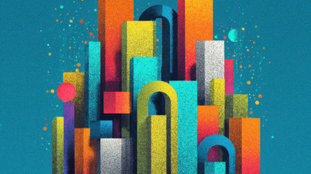 This vibrant abstract artwork features geometric shapes and bold colors creating a dynamic composition. It showcases playful contrasts and textures on a bright teal backdrop, ideal for adding modern flair to any project.の素材