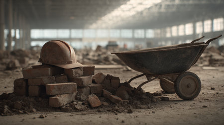 This image captures a construction site featuring a hard hat resting on a pile of bricks beside a weathered wheelbarrow. The abandoned warehouse backdrop and scattered debris set the scene for renovation and rebuilding efforts.の素材