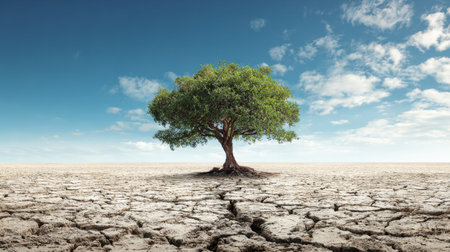 A single majestic tree stands tall on cracked earth, symbolizing resilience in a drought-stricken landscape against a bright blue sky with fluffy clouds.の素材