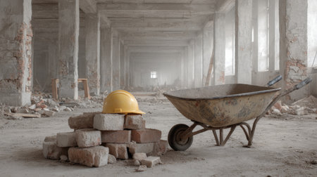 An abandoned construction site featuring a pile of bricks and a rusty wheelbarrow. The environment is dusty and empty, creating a sense of decay and neglect.の素材