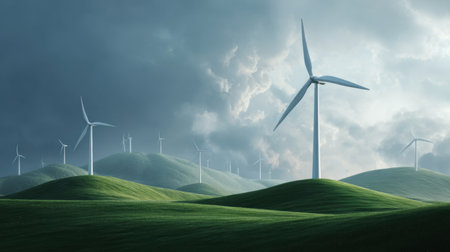 A stunning view of wind turbines gracefully standing on rolling green hills, surrounded by a dramatic cloud-filled sky, showcases the beauty of sustainable energy.の素材