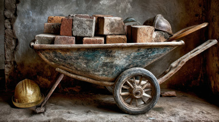 A vintage wheelbarrow filled with bricks rests against a weathered wall, accompanied by hard hats and tools, evoking a sense of industrious charm.の素材