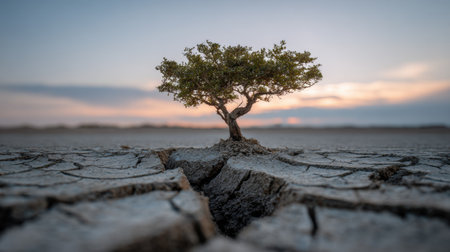 A single resilient tree rises from cracked earth, showcasing the beauty of nature's tenacity. The warm colors of sunset illuminate the arid landscape, symbolizing hope amidst drought.の素材