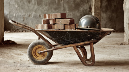 This vintage wheelbarrow showcases a load of bricks alongside a safety helmet, depicting the essence of manual labor in a silent construction site.の素材