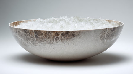 This image showcases an elegant decorative bowl filled with textured sea salt, ideal for wellness and spa aesthetics. The minimalist design emphasizes simplicity and beauty.の素材