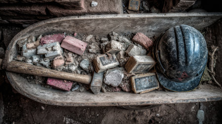 A detailed view of a rustic wheelbarrow filled with construction remnants, showcasing tools like a hammer and a helmet, reflecting an abandoned worksite atmosphere.の素材