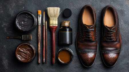 Elegant brown leather shoes showcased with polishing tools on a dark surface highlight craftsmanship and attention to detail in footwear care.の素材