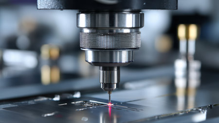 This image captures a close-up view of precision laser technology being utilized in a high-tech manufacturing process, showcasing the intricate details of machinery.の素材