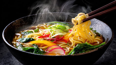 A mouthwatering bowl of ramen noodles adorned with fresh vegetables, creating a vibrant contrast against the dark backdrop, ideal for culinary enthusiasts.の素材