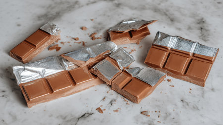 A collection of broken chocolate bars rests on a sleek marble surface, showcasing shiny silver wrapping and inviting textures perfect for any dessert lover.の素材