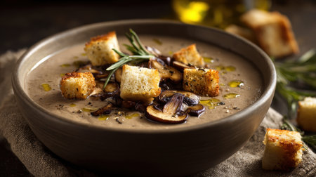 A captivating bowl of creamy mushroom soup topped with crispy croutons and fresh herbs, perfect for a cozy meal or elegant dining experience.の素材