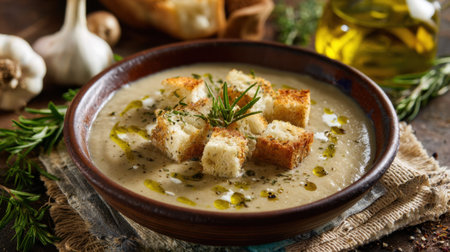 This inviting creamy mushroom soup features golden croutons, a drizzle of olive oil, and a rustic wooden backdrop, perfect for a cozy meal.の素材