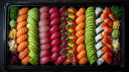 An inviting view of a beautifully arranged collection of sushi and sashimi, showcasing vibrant colors and textures that reflect Japanese culinary artistry.の素材