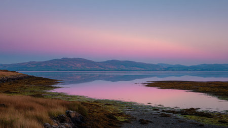A serene landscape captures the beauty of a peaceful sunset over calm waters, with hills in the background and vibrant colors reflecting softly.の素材