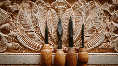 A stunning visual showcasing wood carving tools arranged neatly in front of an intricately carved wooden background. The design features beautiful leaf patterns, highlighting the elegance and skill involved in traditional wood craftsmanship. Perfect for artisans and enthusiasts alike.の素材