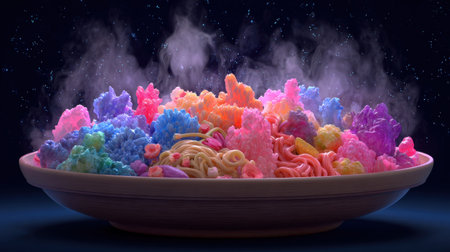 A mesmerizing and colorful abstract pasta dish, featuring vibrant hues and whimsical shapes, creates an enchanting culinary illusion with steam.の素材