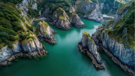 This stunning aerial view captures a tranquil coastal landscape, showcasing rocky outcrops surrounded by vibrant turquoise waters, perfect for relaxation.の素材