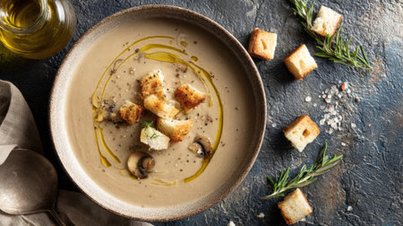 A delicious bowl of creamy mushroom soup garnished with croutons and olive oil, beautifully presented on a rustic table, perfect for a cozy meal.の素材