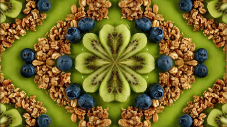 This vibrant arrangement showcases fresh blueberries, sliced kiwi, and crunchy granola on a vivid green background, emphasizing a healthy eating lifestyle.の素材