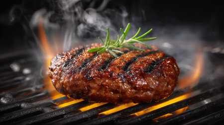 A delectable grilled burger patty captured with smoke and flames, garnished with fresh rosemary, presenting a mouthwatering culinary experience. Perfect for foodies!の素材