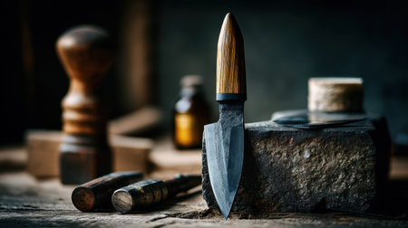 A captivating image of a handmade knife set against a rustic workbench filled with vintage tools, highlighting artisan craftsmanship and warm ambiance.の素材