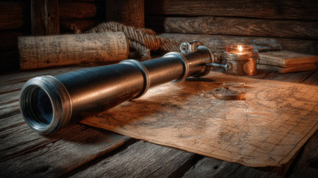 A vintage telescope lies on a weathered parchment map, illuminated by candlelight. This rustic setup evokes a sense of adventure and exploration in history.の素材