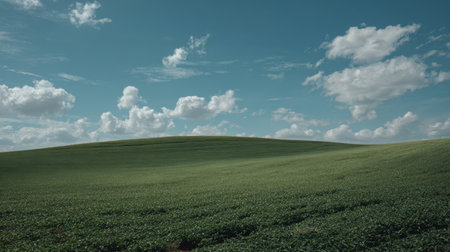 Scenic view of lush green hills under a bright blue sky adorned with fluffy clouds on a sunny day, showcasing the beauty of nature's agricultural landscape.の素材