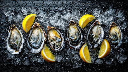 A stunning arrangement of freshly shucked oysters served on crushed ice with vibrant lemon slices, ideal for elegant dining or special occasions.の素材