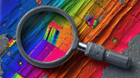 An artistic representation featuring a magnifying glass over a vibrant rainbow background, showcasing intricate textures and colors. Perfect for exploration themes.の素材