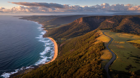 Experience the breathtaking beauty of a coastal landscape captured from above, revealing gentle waves, cliffs, and lush greenery bathed in warm sunlight.の素材