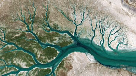 This striking aerial view showcases an intricate river system resembling tree branches, surrounded by a mix of natural textures. The vibrant colors and patterns create a mesmerizing scene.の素材