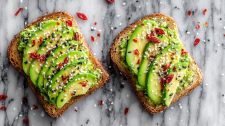 This image showcases a vibrant avocado toast on dark bread, topped with red pepper flakes and sesame seeds, ideal for a healthy meal or snack.の素材