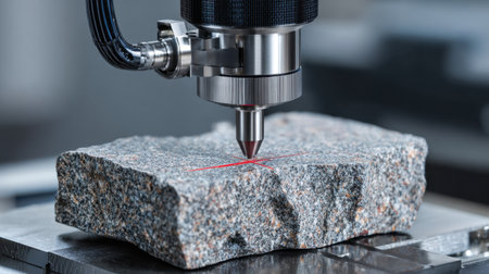 Close-up view of a precision laser measuring tool aimed at a granite stone surface in a clean industrial laboratory, showcasing advanced technology and accuracy.の素材